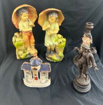 2 chalk figures, cast iron candlestick, spelter figure and a Staffordshire ornament, tallest