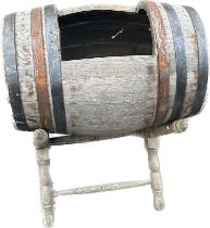 Vintage wine barrel on stand, missing lid,