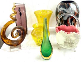 Selection of coloured glassware to include vases, glass art etc, tallest piece measures: 14 inches