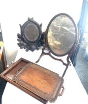 Selection of vintage wooden items includes 2 trays, swivel mirror etc