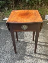 Mahogany drop leaf side table measures approx 27 inches tall by 18 inches deep and 37 inches wide