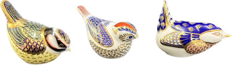 Three Royal Crown Derby bird paperweights, Wren, gold stopper, date code for 1993 (LVI),