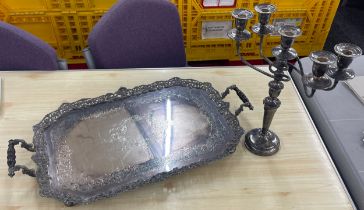 Large silver plated decorative tray and a silver plated candelabra, tray measures approximately: