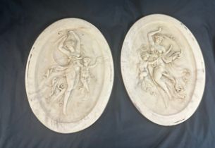 2 Vintage oval marble wall plaques, cherub design, each measures approximately 13 inches tall 10