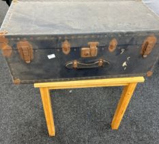 Large vintage trunk measures approx 13.5 inches tall by 36 inches wide and 18 inches deep