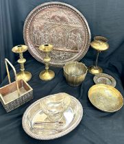 Selection of metalware items to include brass candle sticks, EPNS etc