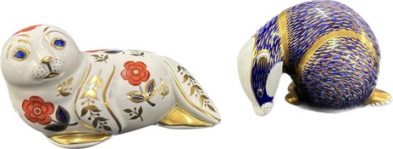 Two Royal Crown Derby paperweight, Badger, 12cm, date mark for 1989 (LII), gold stopper, red Royal