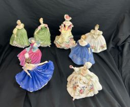 Selection of Royal Doulton lady figures includes Rose, Elaine Fair lady etc