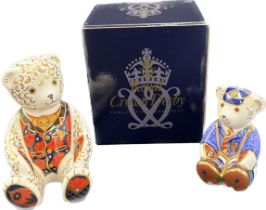 Two Royal Crown Derby Debonair Bear paperweight, 12cm, exclusive to the Royal Crown Derby Collectors