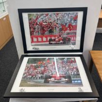 Two framed racing signed prints by Peter Cornwell ' Out in Front' and ' A Heroes Welcome' measures