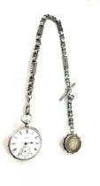 Silver pocket watch marked Wilkinson Leicester with unusual link chain and fob, gross weight