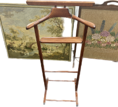 Oak Tapestry fire screen, framed tapestry, wooden gents valet stand,