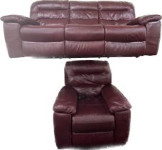 Ox blood leather 3 seater reclining sofa with reclining arm chair, in full working order,