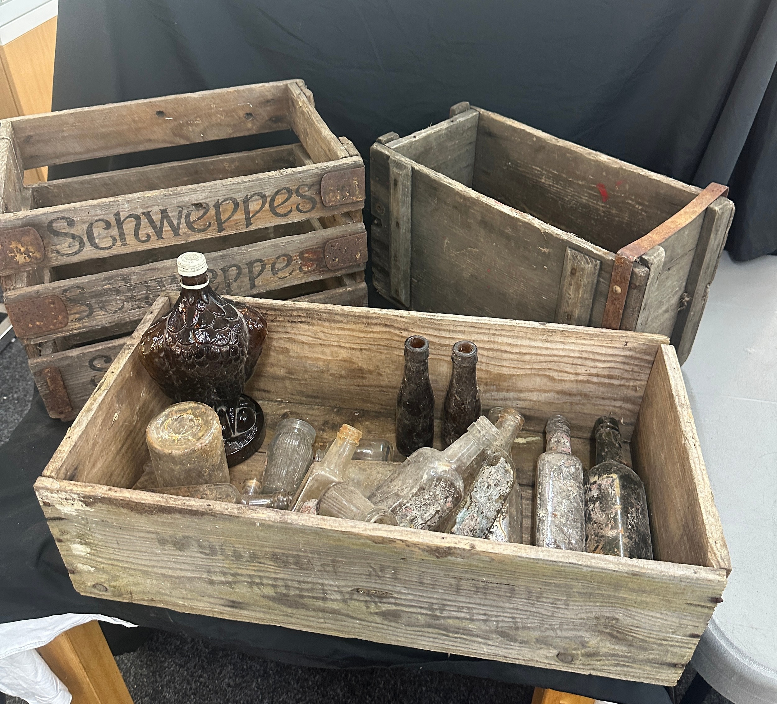 Carboy (large) portugese wooden sardines box advertising bottle, schwepps crate and wooden ammo box
