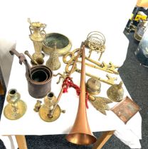 Large selection of vintage and later brassware includes persian items, hunting horn, candle sticks