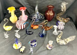 Selection of assorted art glass includes vases, jugs, swans etc