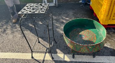 Wooden drum table and a metal plant stand overall height 31 inches