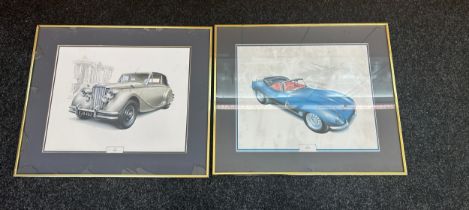 Pair of motor prints named 1997 xkss and 1950 MKV largest measures approximately 20 inches tall