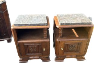 Pair of one door oak marble topped French bed side cabinets measures approx 27 inches tall by 19