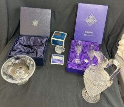 Selection of glassware includes Stuart glass standing bowl, Duka paper weight, Edinburgh crystal