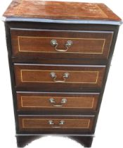 Four drawer mahogany inlaid chest measures approx 29 inches tall by 18 inches wide and 13 inches