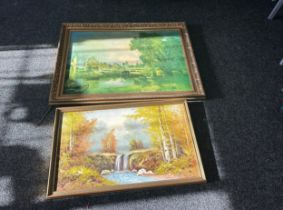 2 Gilt framed pictures largest measures approximately 39 inches long 29 inches tall