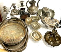 Selection of vintage silver plated pieces to include trays, candelabra, teapot, cruet set etc