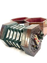 Antique circa 1860 rock Chidley concertina, 48 key button, Rosewood fretted ends in original case,