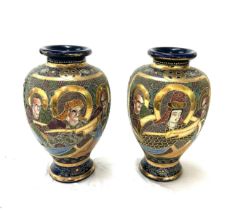 Pair of Japanese satsuma hand painted vases, 6 character mark to base, approximate height 12 inches