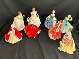 Large selection of Royal Doulton Lady figures includes Alexandra, Top O The Hill, Hilary, Celest,