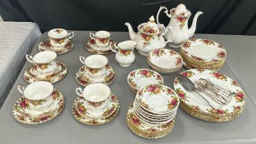 Part Royal Albert Old Country Road tea and coffee service, A/F, tea pot lids are both damaged