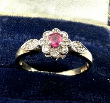 9ct bi-colour gold diamond & ruby floral cluster ring (2g)