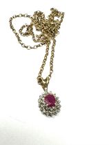 9ct gold glass filled ruby & diamond cluster pendant & chain (2.6g)