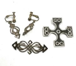 Two silver brooches and a pair of earrings by Ola Gorie (17g)