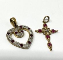 2 x 9ct gold vintage diamond & ruby pendants inc. heart & cross (3g)