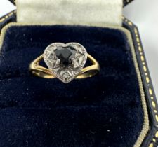 9ct gold vintage sapphire & diamond heart ring (1.5g)