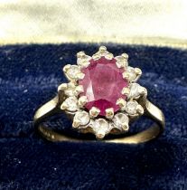 9ct gold glass filled ruby & diamond cluster ring (2.4g)