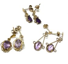 3x 9ct gold amethyst drop earrings (3.3g)