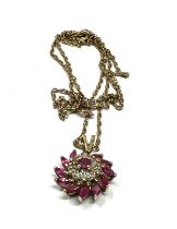 9ct gold vintage diamond & ruby cluster pendant necklace (2.5g)