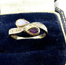 9ct gold amethyst, opal & diamond crossover dress ring (2.7g)