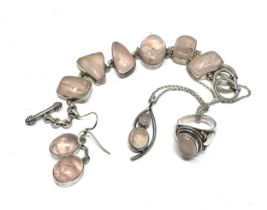 A silver necklace, bracelet, earrings and ring set with rose quartz (70g)