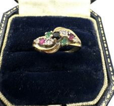 9ct gold vintage dress ring w/ emerald, sapphire, ruby & diamond (2.3g)