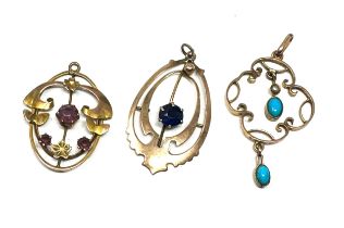 3x 9ct gold edwardian pendants synthetic turquoise, synthetic sapphire, cultured pearl & paste (3.