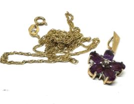 9ct gold amethyst & diamond floral cluster pendant necklace (2.3g)