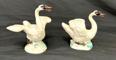 2 antique Dresden swans, sword makers mark to bases, approximate height: 5.5 inches
