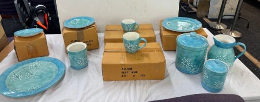 Large selection of part pottery dinner service, includes plates, jars, mugs etc