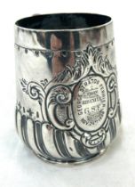 Antique hallmarked Silver presentation mug, engraved George Straton Ferrier from his uncle GSF Nov