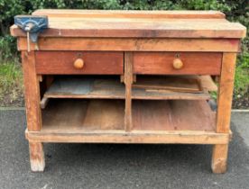 2 drawer woodworkers bench with vice, approximate measurements: Length 50 inches, Depth 22 inches,