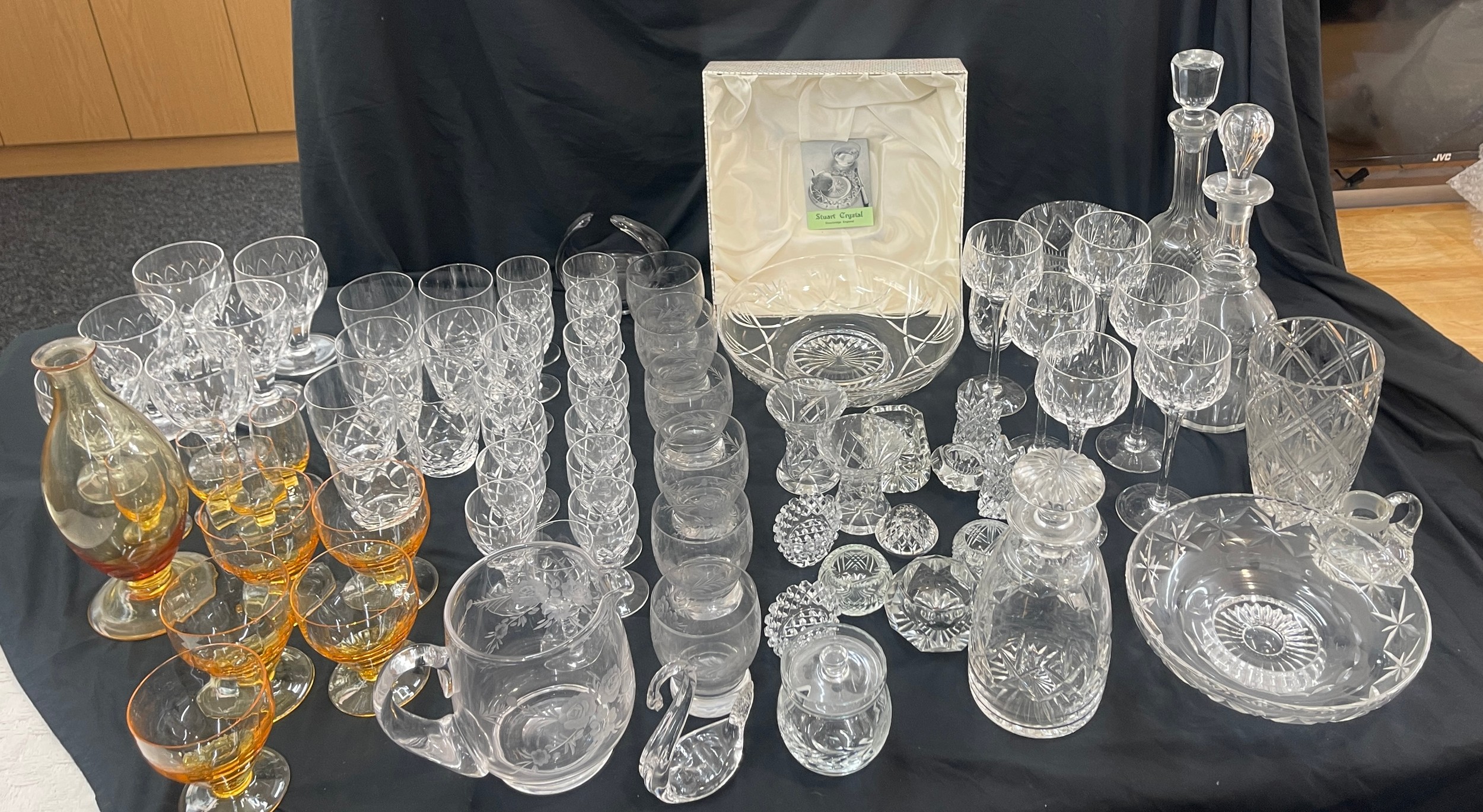 Large selection of vintage and later glassware includes deco styles decanter and glasses, boxed