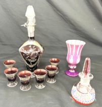 Glass decanter with silver overlay together with 6 glasses etc